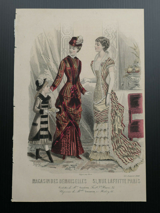 MAGASIN DES DEMOISELLES FRENCH MODE ENGRAVING 1880 HAND COLOURED