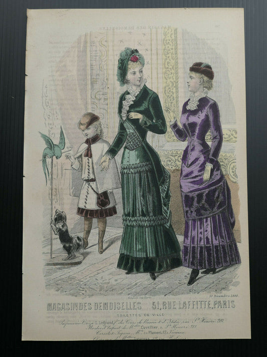 MAGASIN DES DEMOISELLES FRANCE MODE ENGRAVING 1880 HAND COLOURED