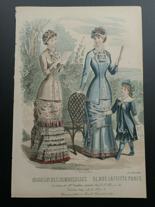 MAGASIN DES DEMOISELLES FRENCH MODE 1880 ENGRAVING HAND COLOURED