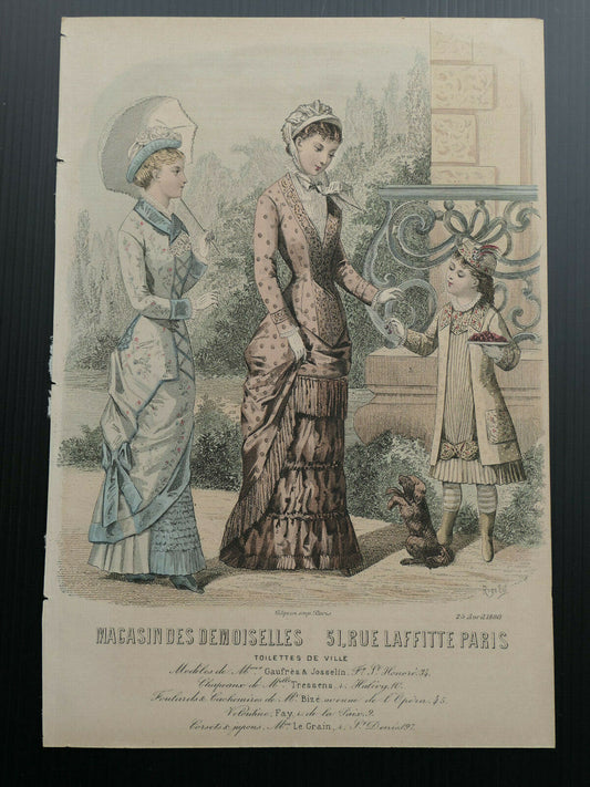 MAGASIN DES DEMOISELLES 1880 FRANCE MODE ENGRAVING HAND COLOURED