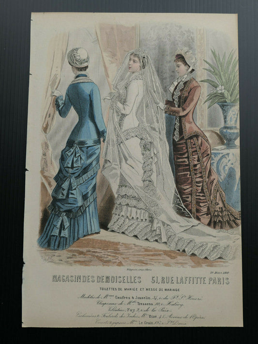 1880 MAGASIN DES DEMOISELLES FRENCH MODE ENGRAVING HAND COLOURED
