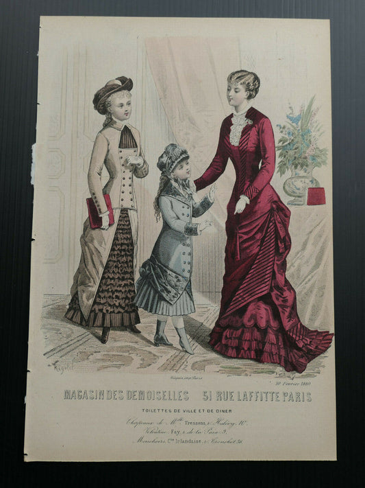 MAGASIN DES DEMOISELLES FRENCH MODE ENGRAVING HAND COLOURED / 1880