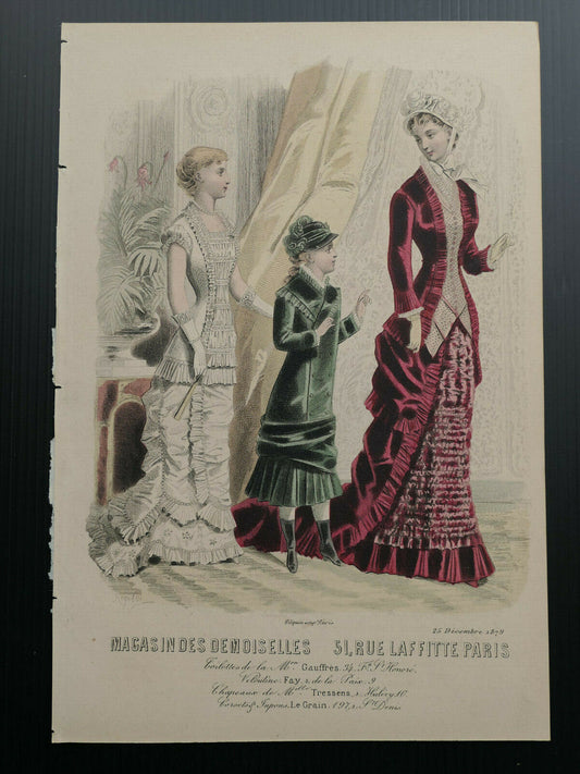 MAGASIN DES DEMOISELLES FRENCH MODE ENGRAVING 1879 HAND COLOURED