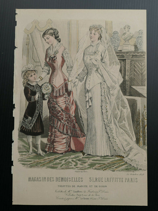 MAGASIN DES DEMOISELLES / 1879 FRENCH MODE ENGRAVING / HAND COLOURED