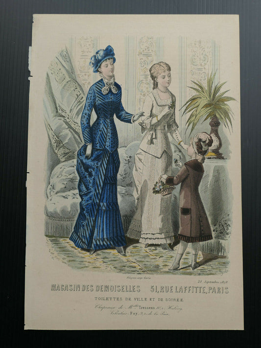 MAGASIN DES DEMOISELLES 1879 / FRENCH MODE ENGRAVING HAND COLOURED