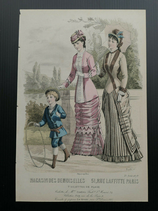 MAGASIN DES DEMOISELLES / 1879 FRENCH MODE / ENGRAVING HAND COLOURED