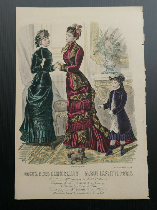 MAGASIN DES DEMOISELLES 1879 FRANCE / MODE ENGRAVING / HAND COLOURED