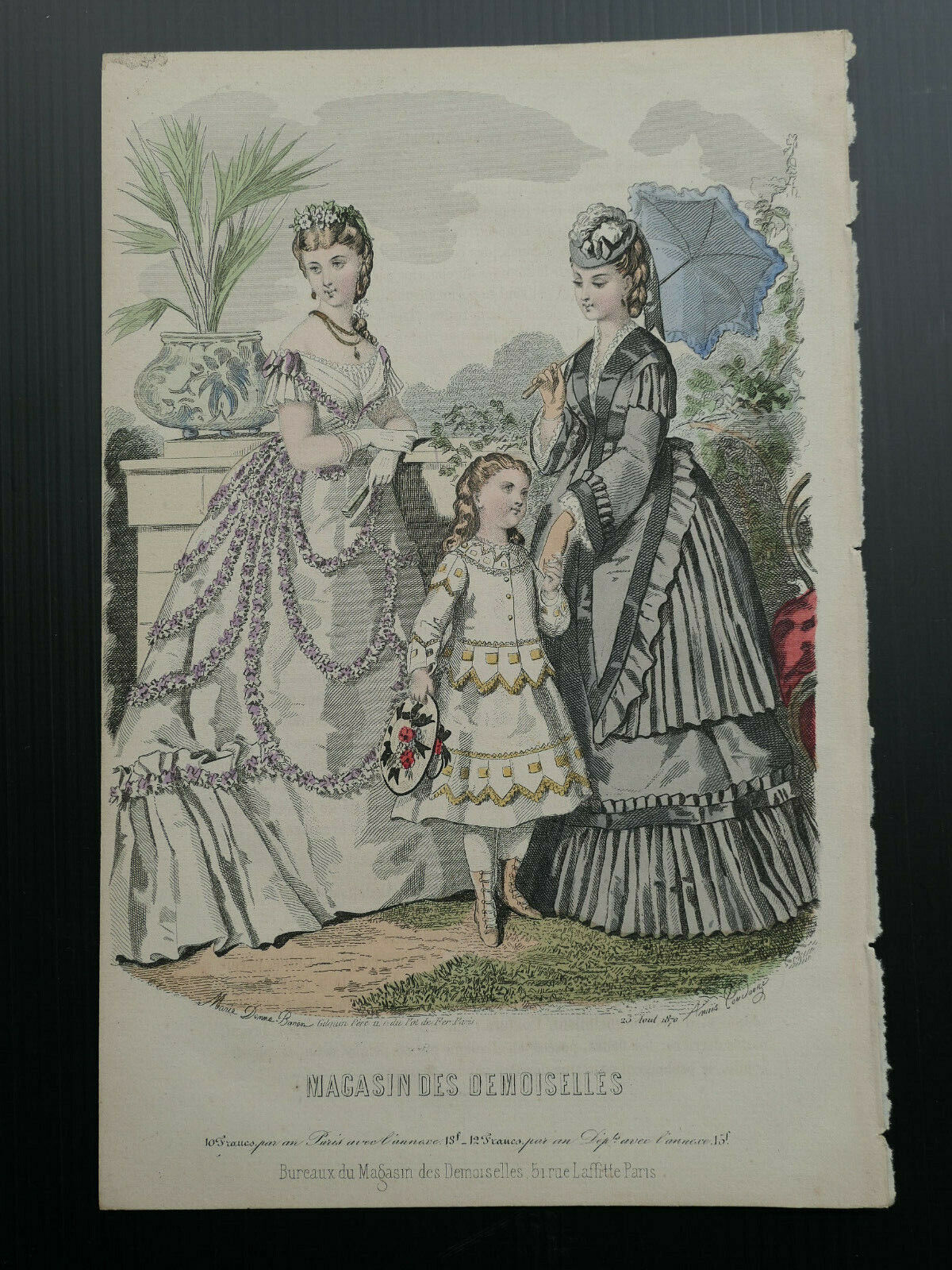 MAGASIN DES DEMOISELLES 1870 FRENCH MODE ENGRAVING HAND COLOURED
