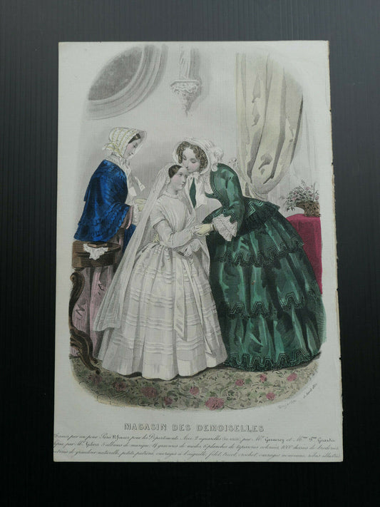 MAGASIN DES DEMOISELLES 1852 FRENCH MODE ENGRAVING HAND COLOURED