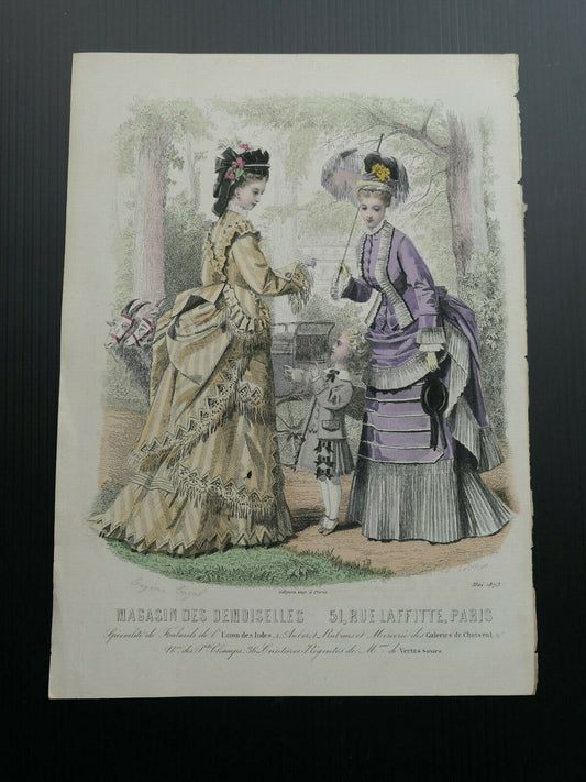 MAGASIN DES DEMOISELLES 1873 FRENCH MODE ENGRAVING HAND COLOURED