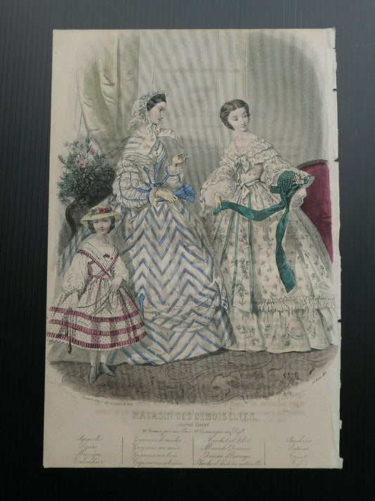 MAGASIN DES DEMOISELLES 1861 FRENCH MODE ENGRAVING HAND COLOURED