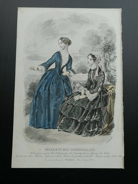 MAGASIN DES DEMOISELLES 1850 / FRENCH MODE ENGRAVING / HAND COLOURED