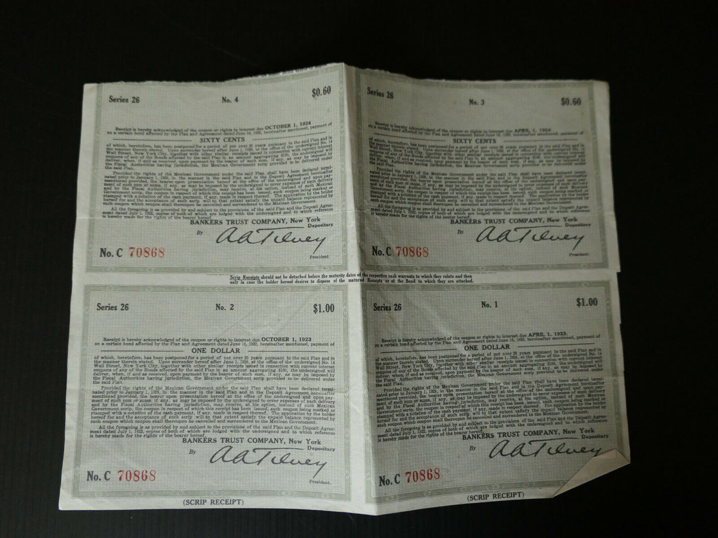LOT RECEIPT BANKERS TRUST COMPANY 1923 1924 BOND PLAN AND AGREEMENT 1922 USA NY
