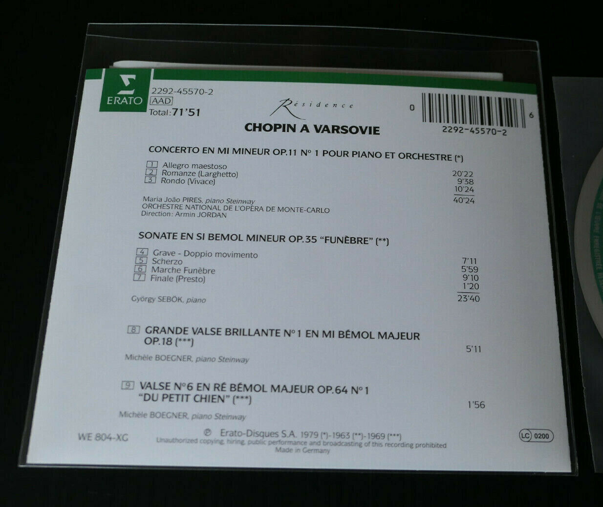 CD ERATO RESIDENCE / CHOPIN A VARSOVIE / LOMBARD PIRES SEBOK BOEGNER