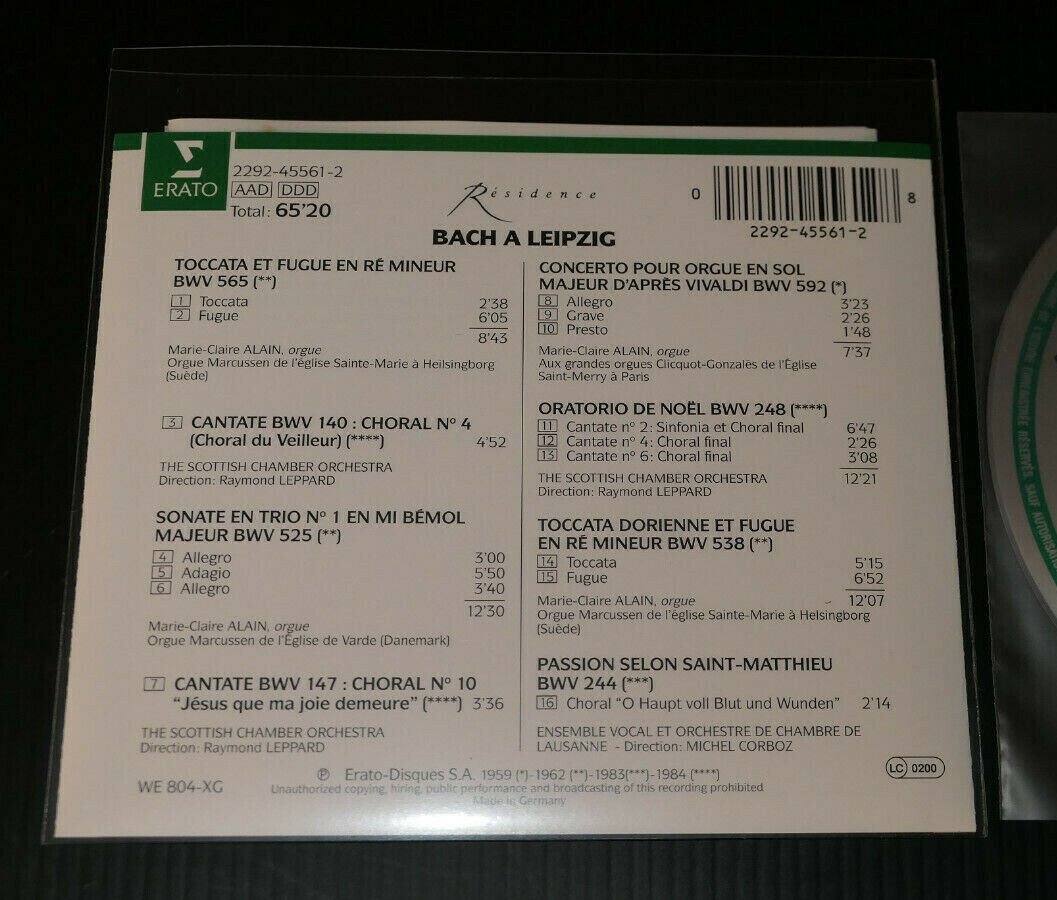 CD BACH A LEIPZIG / MARIE-CLAIRE ALAIN RAYMOND LEPPARD MICHEL CORBOZ / ERATO