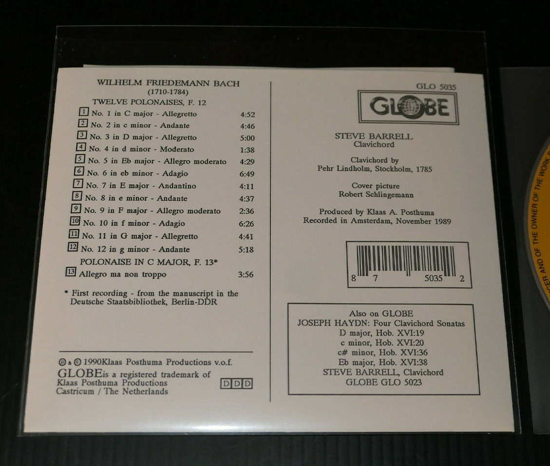 CD W.F. BACH THE COMPLETE POLONAISES / STEVE BARRELL CLAVICHORD / GLOBE 1990