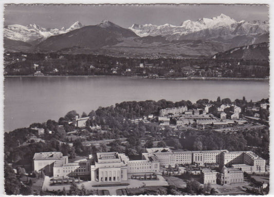 BLACK &amp; WHITE POSTCARD CPSM GENEVA THE UNITED NATIONS PALACE AND MONT-BLANC 