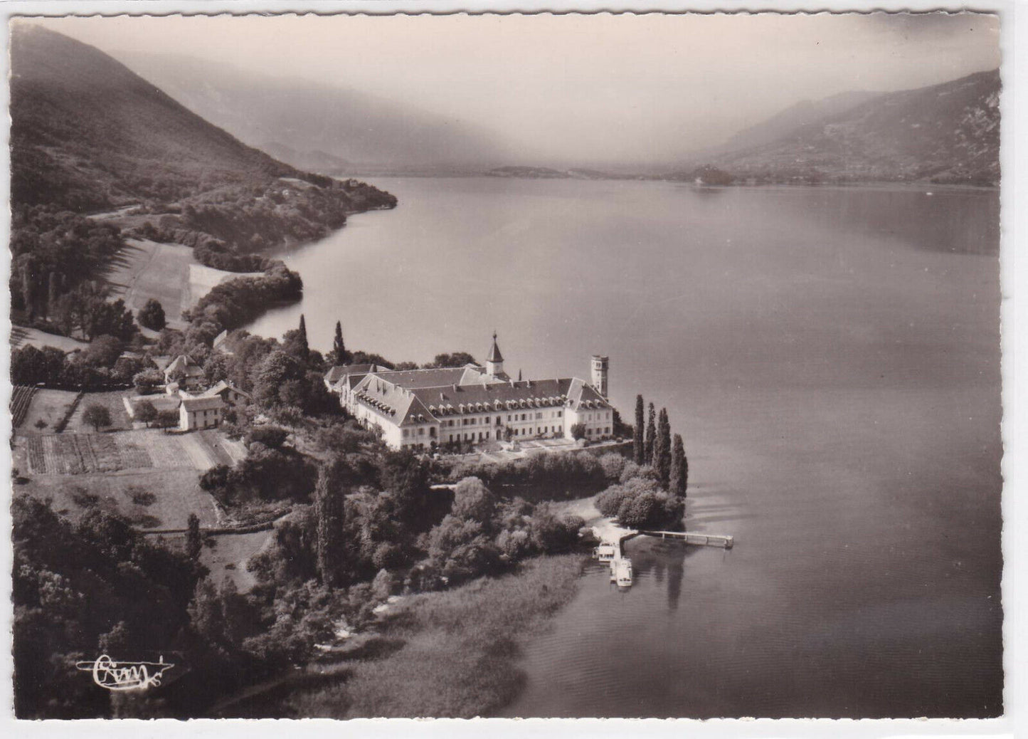 BLACK &amp; WHITE POSTCARD CPSM HAUTECOMBE AERIAL VIEW OF THE ABBEY LAKE BOURGET 
