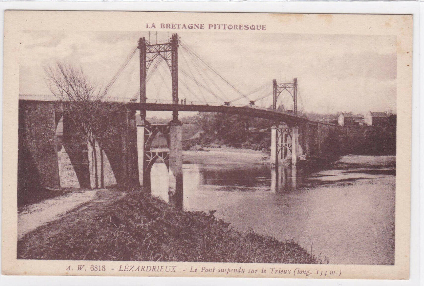OLD BLACK &amp; WHITE POSTCARD CPA LEZARDRIEUX THE SUSPENSION BRIDGE BRITTANY 