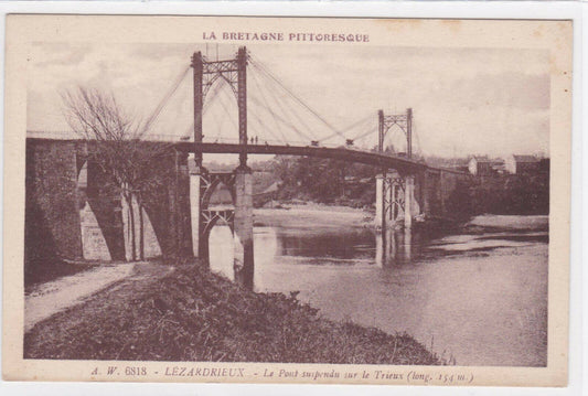OLD BLACK &amp; WHITE POSTCARD CPA LEZARDRIEUX THE SUSPENSION BRIDGE BRITTANY 