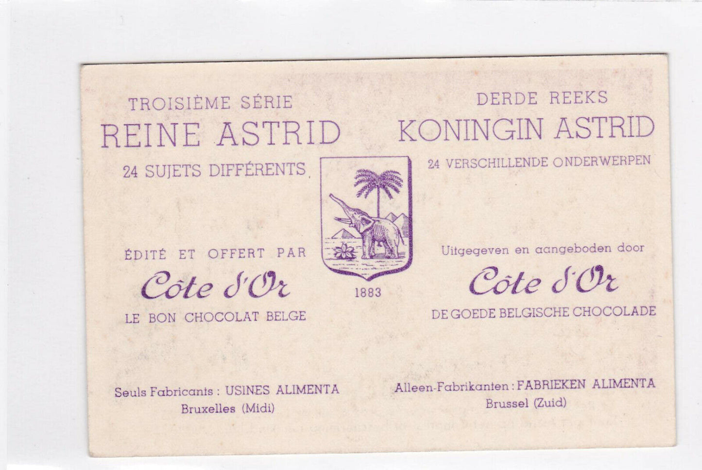 CARTE ANCIENNE REINE ASTRID BELGIQUE PUBLICITE PUB COTE D'OR CHOCOLAT BELGE