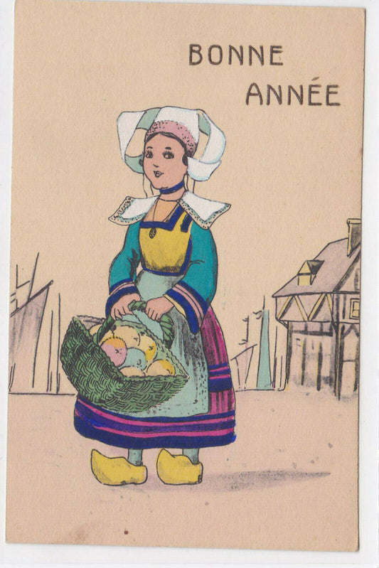 CARTE POSTALE ANCIENNE CPA FANTAISIE BONNE ANNEE HANDPAINTED COIFFE BRETAGNE