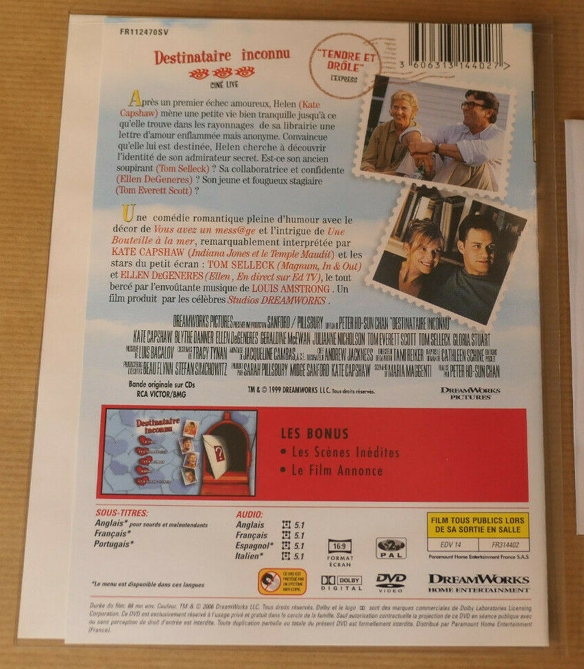 DVD DESTINATAIRE INCONNU / KATE CAPSHAW ELLEN DEGENERES TOM SELLECK / 2006