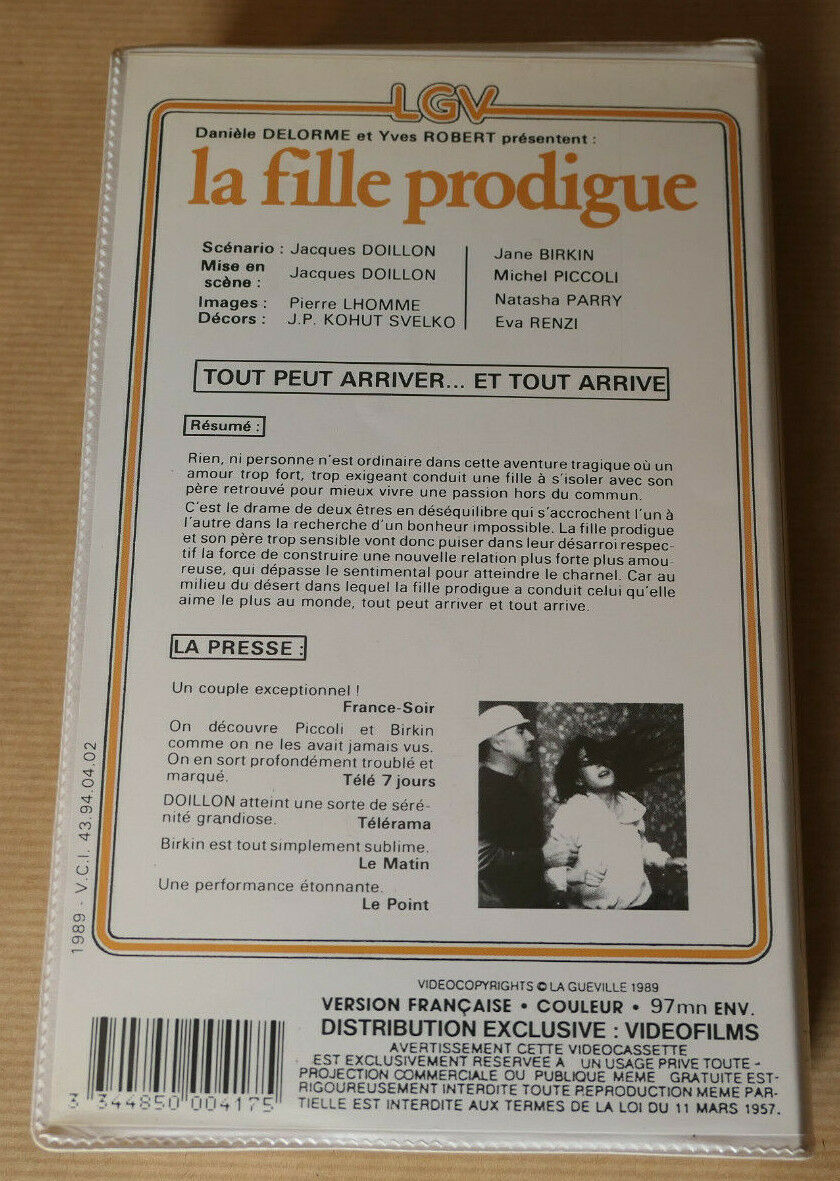 VHS CASSETTE VIDEO LA FILLE PRODIGUE JACQUES DOILLON JANE BIRKIN MICHEL PICCOLI