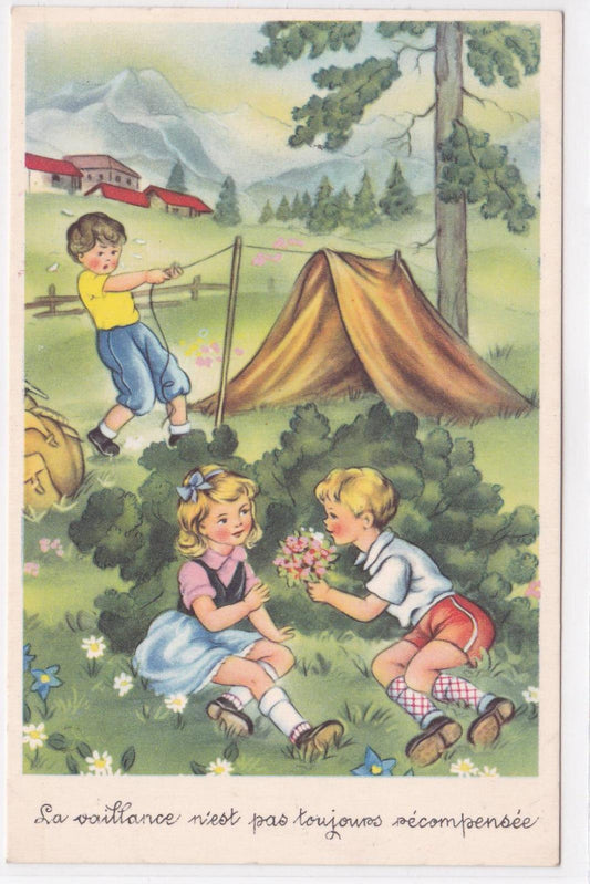 CARTE POSTALE CPSM FANTAISIE ENFANTS AMOUR CAMPING NATURE