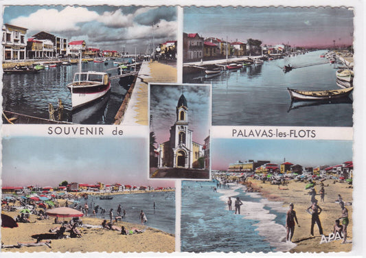 CPSM POSTCARD SOUVENIR OF PALAVAS-LES-FLOTS THE QUAYS THE CHURCH BEACHES 