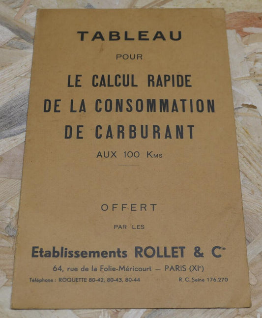 ANCIEN TABLEAU CALCUL CONSOMMATION CARBURANT ROLLET & CIE AUTOMOBILIA