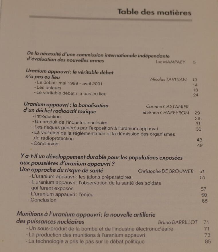 LES ARMES A URANIUM APPAUVRI JALONS POUR UNE INTERDICTION / RADIOACTIVITE GUERRE