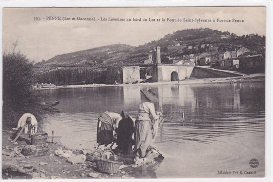 Carte Postale Ancienne CPA Penne Les Laveuses Au Bord Du Lot Et Le Pont De Saint-Sylvestre À Port-De-Penne