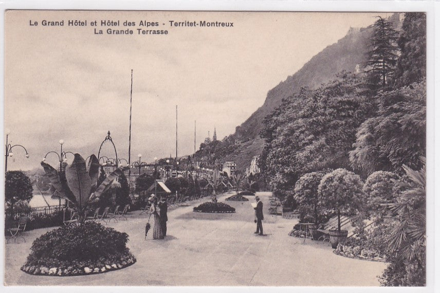 Old Postcard CPA Switzerland - The Grand Hotel and Hotel Des Alpes - Territet-Montreux - The Grand Terrace
