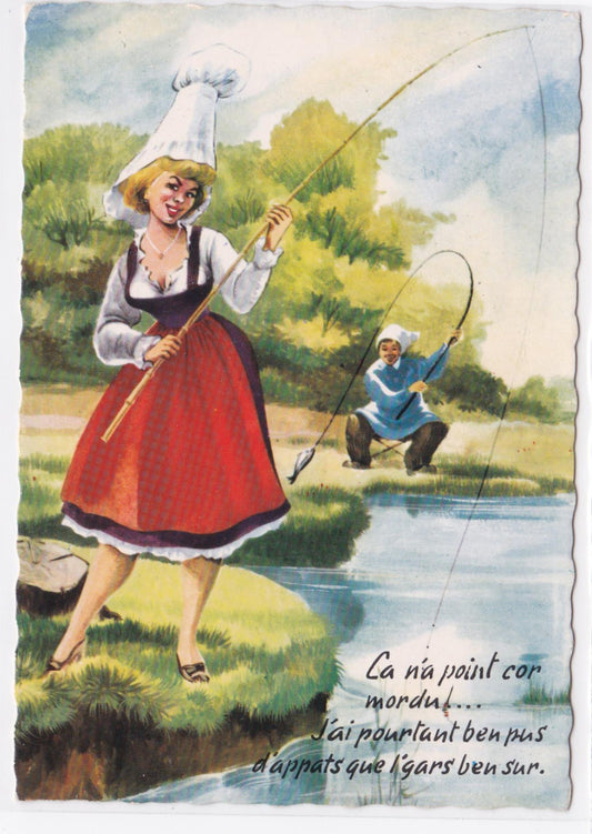 Carte Postale CPSM Illustration - Femme À La Pêche - Ça N'a Point Cor Mordu